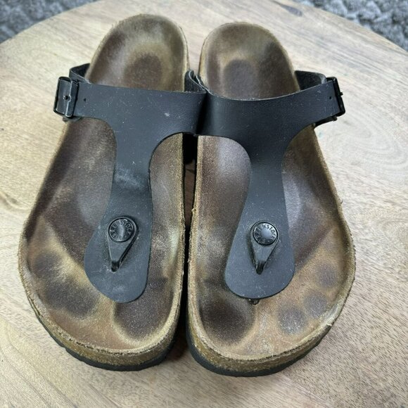 Birkenstock Gizeh Black Faux Leather Sandals Cork Footbed Womens Size 37 / 6-6.5 - Picture 1 of 8